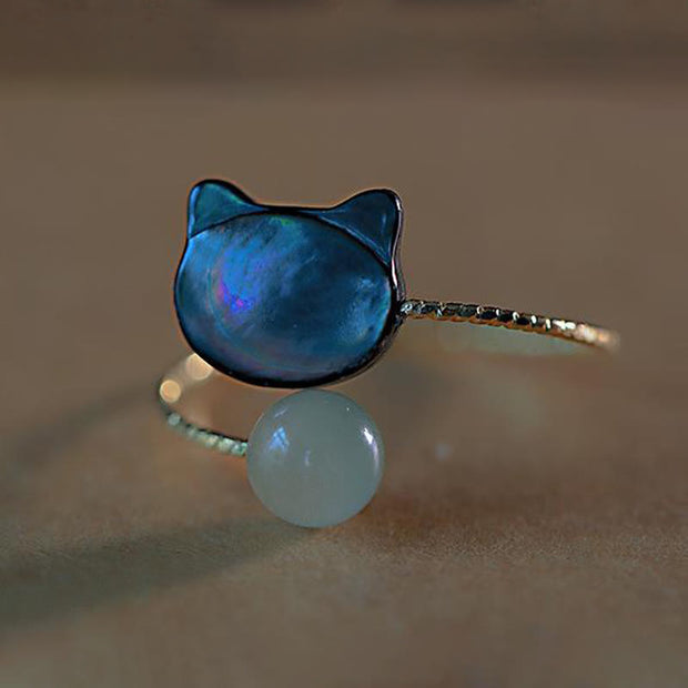 Buddha Stones Black Tridacna Stone Cat Jade Blessing Adjustable Ring - image 6