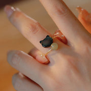 Buddha Stones Black Tridacna Stone Cat Jade Blessing Adjustable Ring - image 4