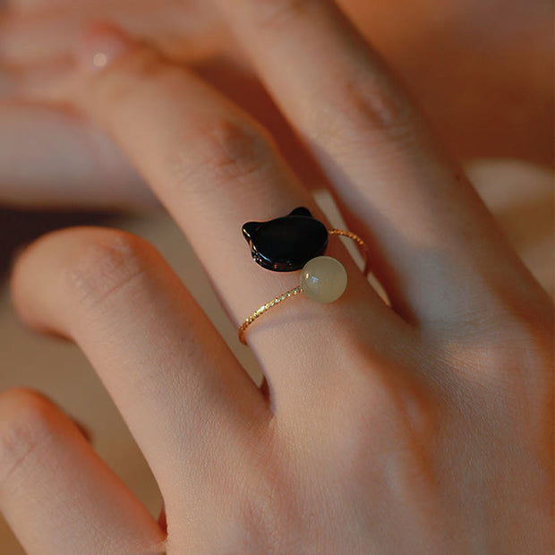 Buddha Stones Black Tridacna Stone Cat Jade Blessing Adjustable Ring - image 5