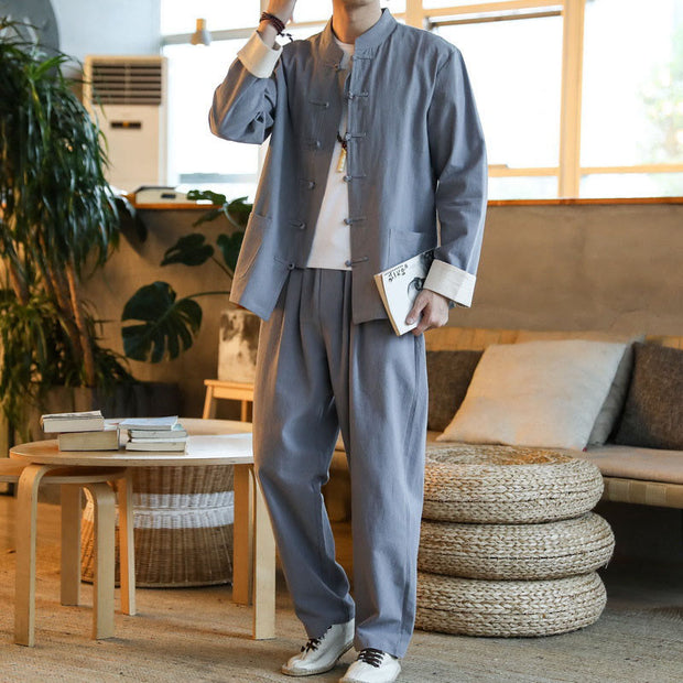 Buddha Stones 2Pcs Zen Tang Suit Men's Frog-Button Long Sleeve Shirt Pants Set With Pockets - image 2