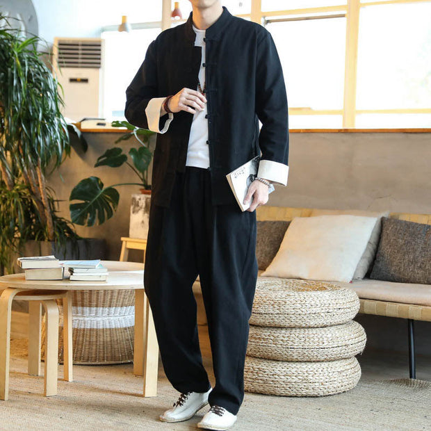 Buddha Stones 2Pcs Zen Tang Suit Men's Frog-Button Long Sleeve Shirt Pants Set With Pockets - Black - US/UK/AU46，EU56 (5XL) - image 18