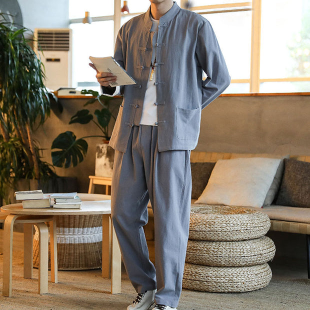 Buddha Stones 2Pcs Zen Tang Suit Men's Frog-Button Long Sleeve Shirt Pants Set With Pockets - image 3