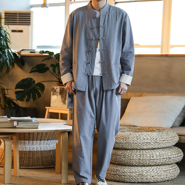 Buddha Stones 2Pcs Zen Tang Suit Men's Frog-Button Long Sleeve Shirt Pants Set With Pockets - image 10