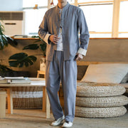 Buddha Stones 2Pcs Zen Tang Suit Men's Frog-Button Long Sleeve Shirt Pants Set With Pockets - Gray - US/UK/AU46，EU56 (5XL) - image 1