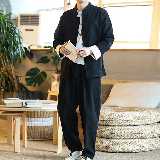 Buddha Stones 2Pcs Zen Tang Suit Men's Frog-Button Long Sleeve Shirt Pants Set With Pockets - image 24