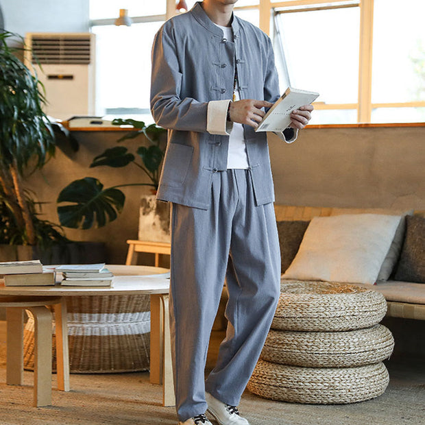 Buddha Stones 2Pcs Zen Tang Suit Men's Frog-Button Long Sleeve Shirt Pants Set With Pockets - image 9