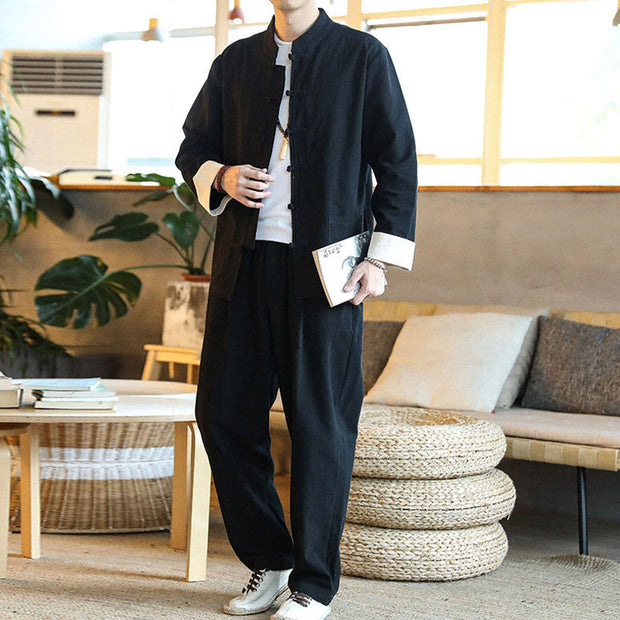 Buddha Stones 2Pcs Zen Tang Suit Men's Frog-Button Long Sleeve Shirt Pants Set With Pockets - image 21
