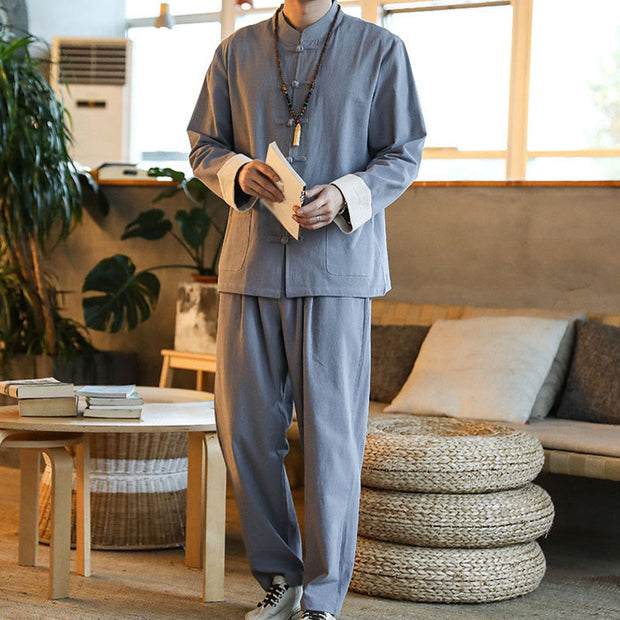 Buddha Stones 2Pcs Zen Tang Suit Men's Frog-Button Long Sleeve Shirt Pants Set With Pockets - image 7