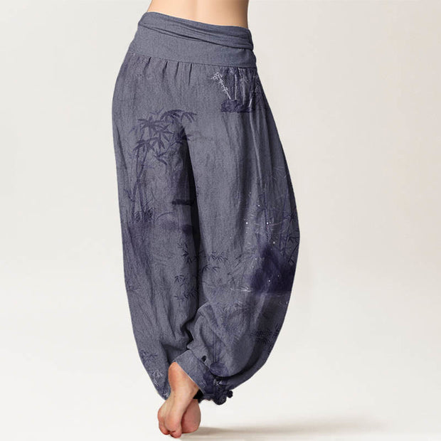 Buddha Stones Pure Cotton Casual Bamboo Rock Ink Painting Women's Elastic Waist Harem Pants - image 3