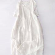 Buddha Stones Casual Accordion Pleat Plain V-neck Short Sleeve Cotton Midi Dress With Pockets - Snow - US14，UK/AU18，EU46 (2XL) - image 45