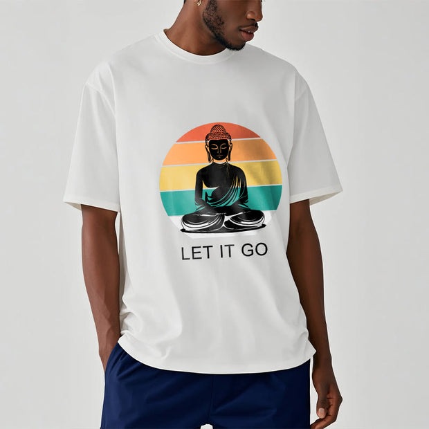 Buddha Stones Casual Colorful Striped Background Meditating Buddha Pattern Cotton Tee T-Shirt - image 9