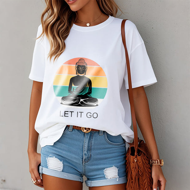 Buddha Stones Casual Colorful Striped Background Meditating Buddha Pattern Cotton Tee T-Shirt - image 10
