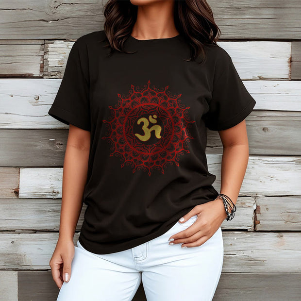 Buddha Stones Casual Red Mandala Om Symbol Pattern Cotton Tee T-shirt - image 3