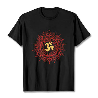 Buddha Stones Casual Red Mandala Om Symbol Pattern Cotton Tee T-shirt - Black - 2XL - image 0