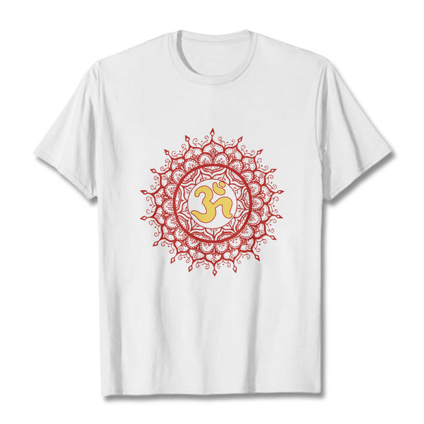 Buddha Stones Casual Red Mandala Om Symbol Pattern Cotton Tee T-shirt - White - 2XL - image 5