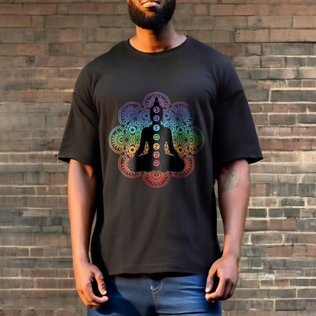 Buddha Stones Casual Meditating Figure Colorful Mandala Pattern Cotton Tee T-shirt - image 3