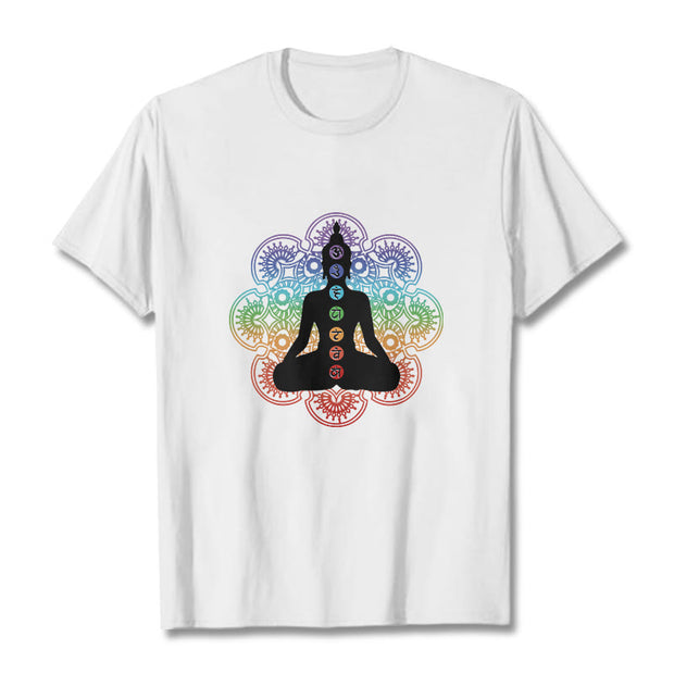 Buddha Stones Casual Meditating Figure Colorful Mandala Pattern Cotton Tee T-shirt - White - 2XL - image 6