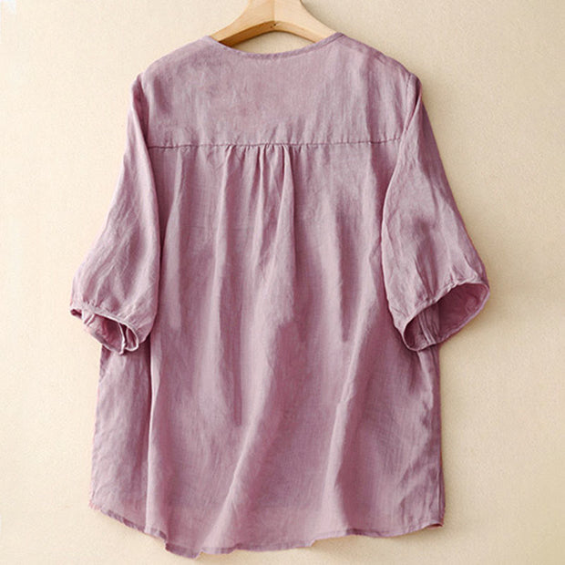 Buddha Stones Casual Plain Loose Women's V-Neck Design Half Sleeve Cotton Shirt - image 2