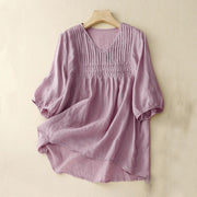Buddha Stones Casual Plain Loose Women's V-Neck Design Half Sleeve Cotton Shirt - Thistle - US12，UK/AU16，EU44 (2XL) - image 1