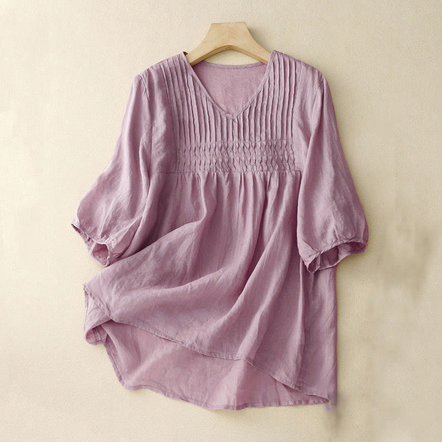 Buddha Stones Casual Plain Loose Women's V-Neck Design Half Sleeve Cotton Shirt - Thistle - US12，UK/AU16，EU44 (2XL) - image 1