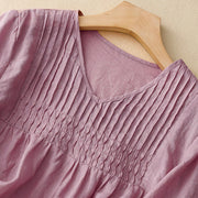 Buddha Stones Casual Plain Loose Women's V-Neck Design Half Sleeve Cotton Shirt - image 10
