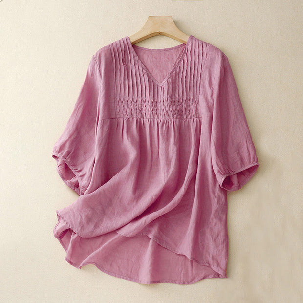 Buddha Stones Casual Plain Loose Women's V-Neck Design Half Sleeve Cotton Shirt - PaleVioletRed - US12，UK/AU16，EU44 (2XL) - image 18