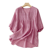 Buddha Stones Casual Plain Loose Women's V-Neck Design Half Sleeve Cotton Shirt - image 20