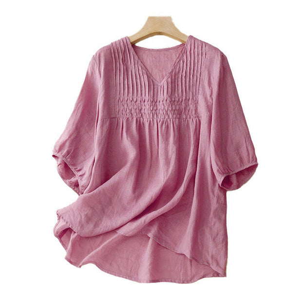Buddha Stones Casual Plain Loose Women's V-Neck Design Half Sleeve Cotton Shirt - image 20