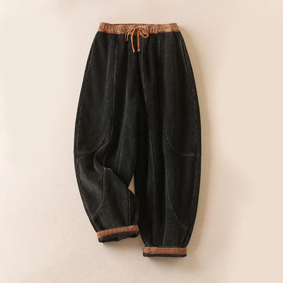 Buddha Stones Color Contrast Corduroy Cotton Women's Thermal Fleece-Lined Harem Pants With Pockets - Black - US8-10，UK/AU12-14，EU40-42 (2XL) - image 1
