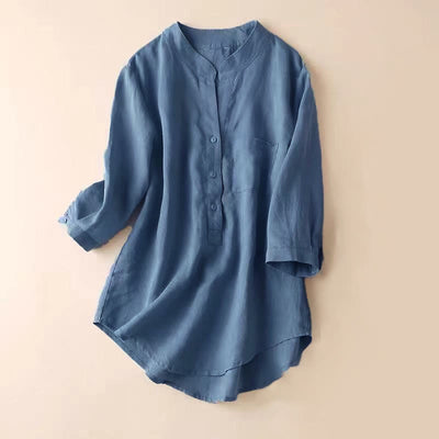 Buddha Stones Casual Women's V-neck Three Quarter Sleeve Design Plain Cotton Linen Shirt - SteelBlue - US12，UK/AU16，EU44 (3XL) - image 1