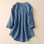 Buddha Stones Casual Women's V-neck Three Quarter Sleeve Design Plain Cotton Linen Shirt - image 2