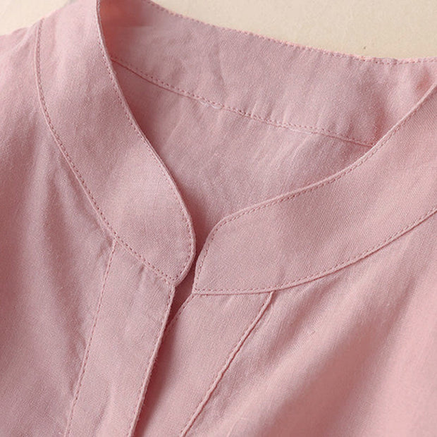 Buddha Stones Casual Women's V-neck Three Quarter Sleeve Design Plain Cotton Linen Shirt - image 13