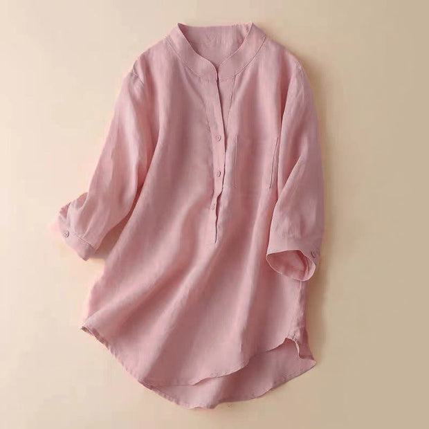 Buddha Stones Casual Women's V-neck Three Quarter Sleeve Design Plain Cotton Linen Shirt - 	Salmon - US12，UK/AU16，EU44 (3XL) - image 12