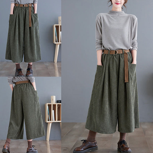 Buddha Stones Retro Women's Wide Leg 7-8 Length Corduroy Cotton Pants With Pockets And Belt - image 16