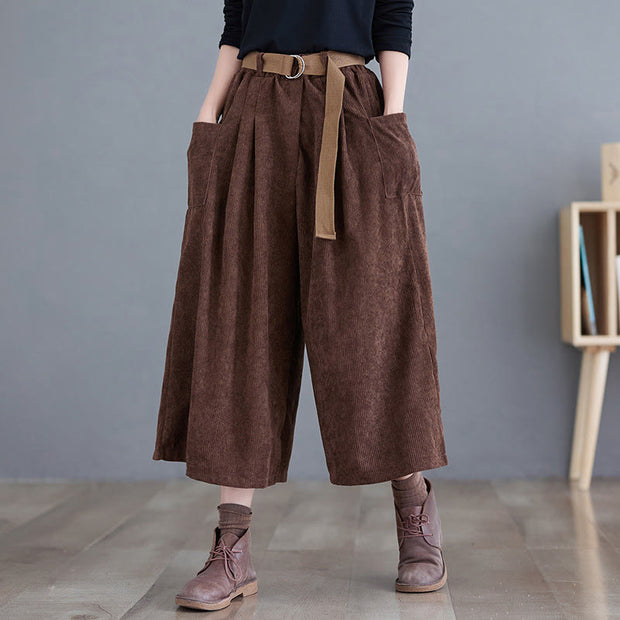 Buddha Stones Retro Women's Wide Leg 7-8 Length Corduroy Cotton Pants With Pockets And Belt - SaddleBrown - US12，UK/AU16，EU44 (2XL) - image 17