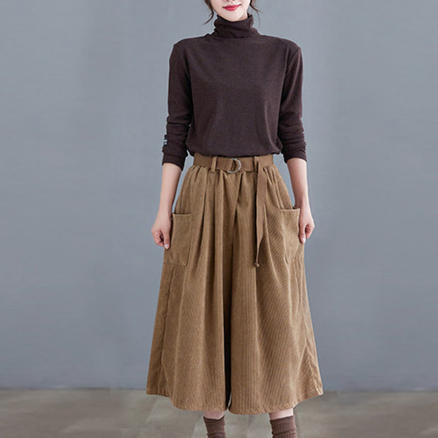Buddha Stones Retro Women's Wide Leg 7-8 Length Corduroy Cotton Pants With Pockets And Belt - image 5