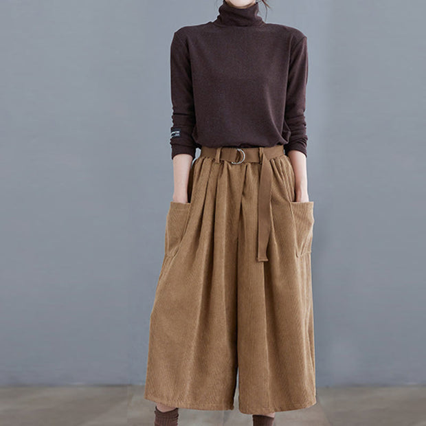 Buddha Stones Retro Women's Wide Leg 7-8 Length Corduroy Cotton Pants With Pockets And Belt - image 6