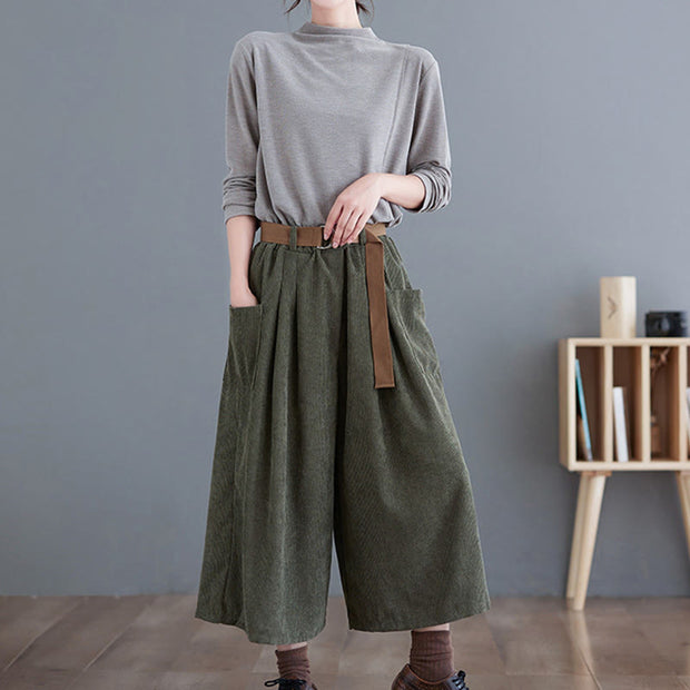 Buddha Stones Retro Women's Wide Leg 7-8 Length Corduroy Cotton Pants With Pockets And Belt - image 14