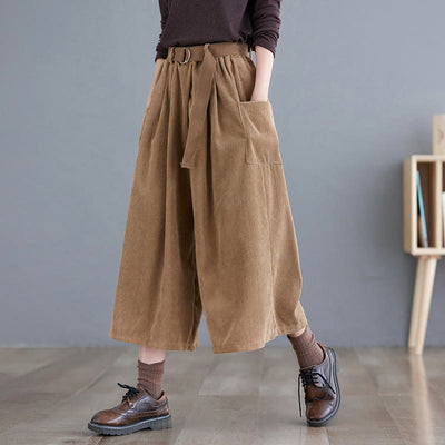 Buddha Stones Retro Women's Wide Leg 7-8 Length Corduroy Cotton Pants With Pockets And Belt - Goldenrod - US12，UK/AU16，EU44 (2XL) - image 1