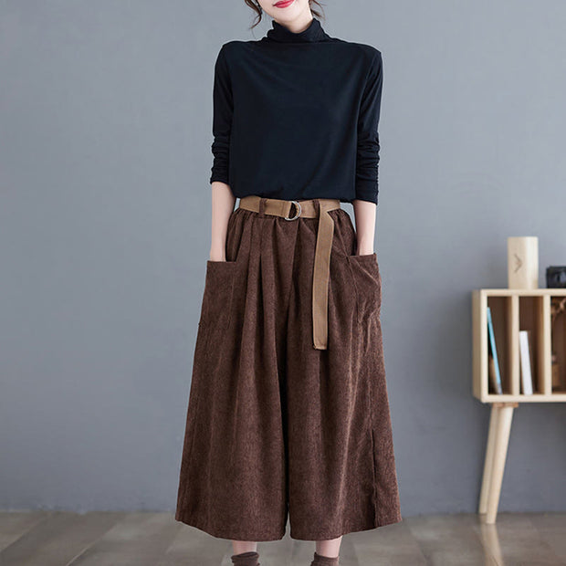 Buddha Stones Retro Women's Wide Leg 7-8 Length Corduroy Cotton Pants With Pockets And Belt - image 21