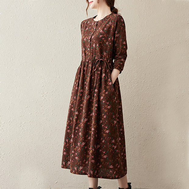 Buddha Stones Casual Ethnic Printing Floral Buttons Design Cotton Linen Midi Dress With Pockets - image 4