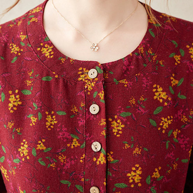 Buddha Stones Casual Ethnic Printing Floral Buttons Design Cotton Linen Midi Dress With Pockets - image 16
