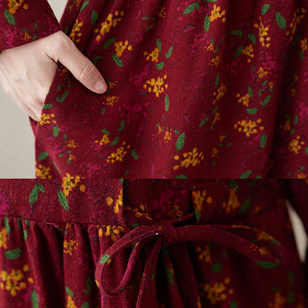 Buddha Stones Casual Ethnic Printing Floral Buttons Design Cotton Linen Midi Dress With Pockets - image 19