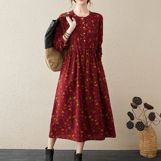 Buddha Stones Casual Ethnic Printing Floral Buttons Design Cotton Linen Midi Dress With Pockets - image 13