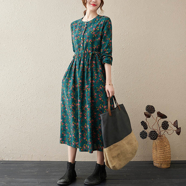 Buddha Stones Casual Ethnic Printing Floral Buttons Design Cotton Linen Midi Dress With Pockets - DarkCyan - US12，UK/AU16，EU44 (3XL) - image 6