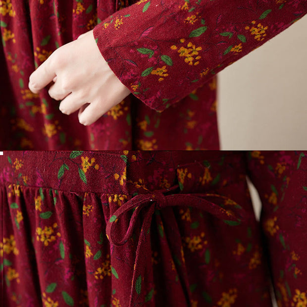 Buddha Stones Casual Ethnic Printing Floral Buttons Design Cotton Linen Midi Dress With Pockets - image 18