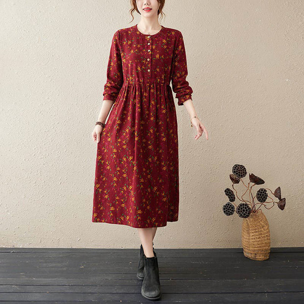 Buddha Stones Casual Ethnic Printing Floral Buttons Design Cotton Linen Midi Dress With Pockets - FireBrick - US12，UK/AU16，EU44 (3XL) - image 11