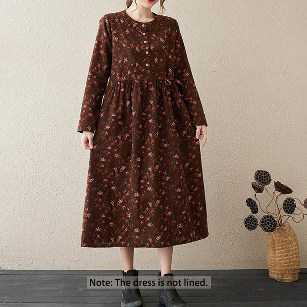 Buddha Stones Casual Ethnic Printing Floral Buttons Design Cotton Linen Midi Dress With Pockets - image 2