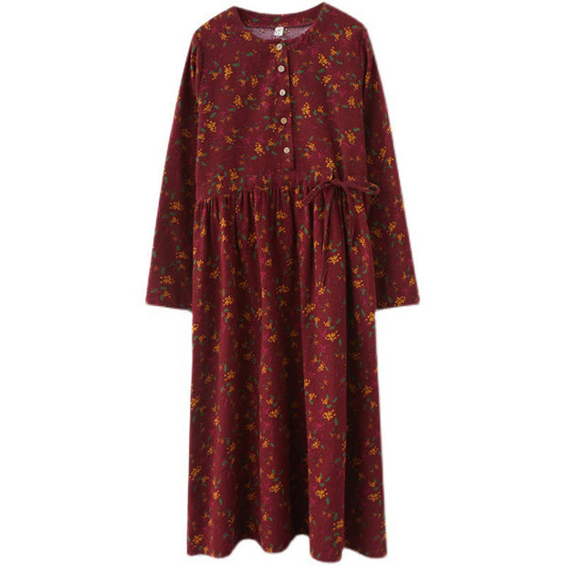 Buddha Stones Casual Ethnic Printing Floral Buttons Design Cotton Linen Midi Dress With Pockets - image 21