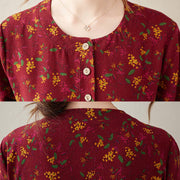 Buddha Stones Casual Ethnic Printing Floral Buttons Design Cotton Linen Midi Dress With Pockets - image 17